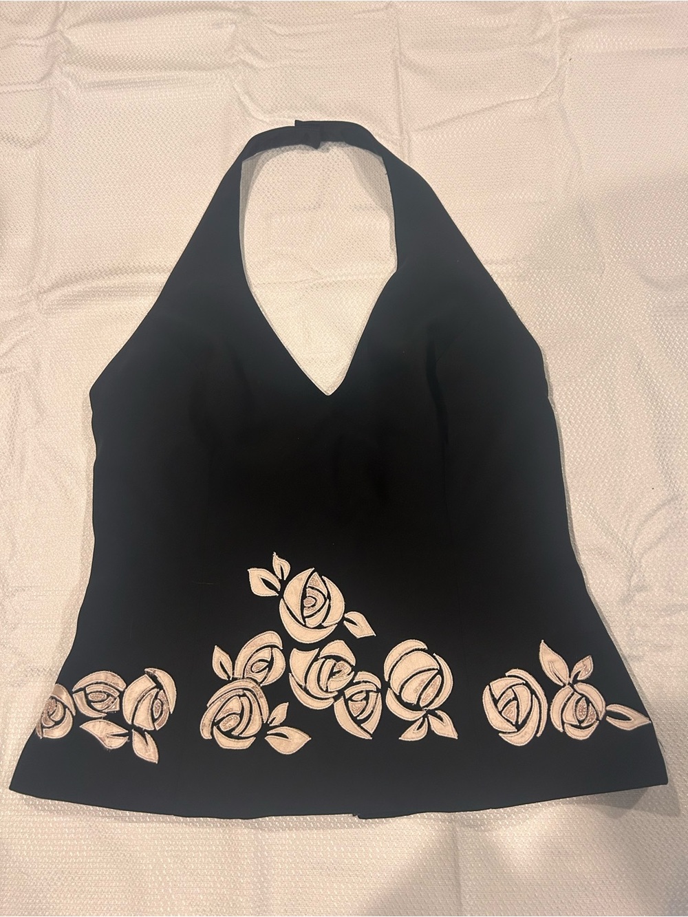 Maggy London Black Halter Camisole with Cream Rose Appliqué